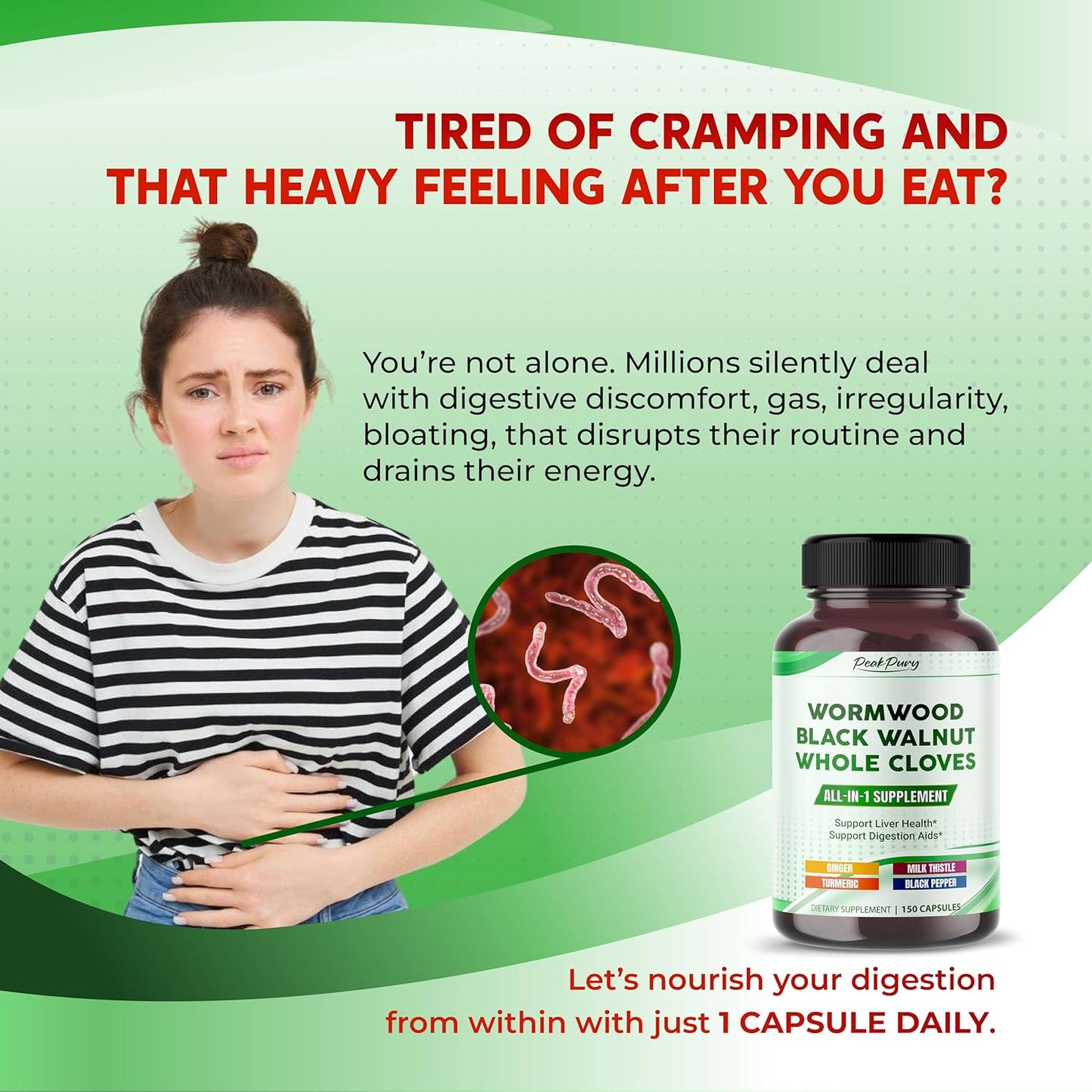 All-in-1 Wormwood Black Walnut Whole Cloves Ginger - Supports Liver Health & Aids Digestion - Made in The USA -150 Capsules