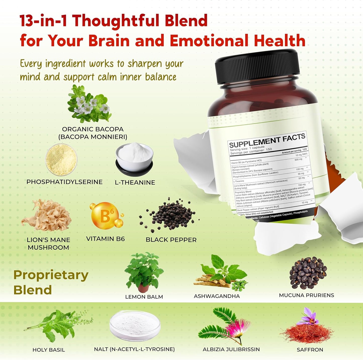 Premium Bacopa, Phosphatidylserine, L-Theanine & Lion’s Mane – All-in-1 Supplement for Focus, Brain Function & Emotional Balance – Made in The USA – 150 Capsules