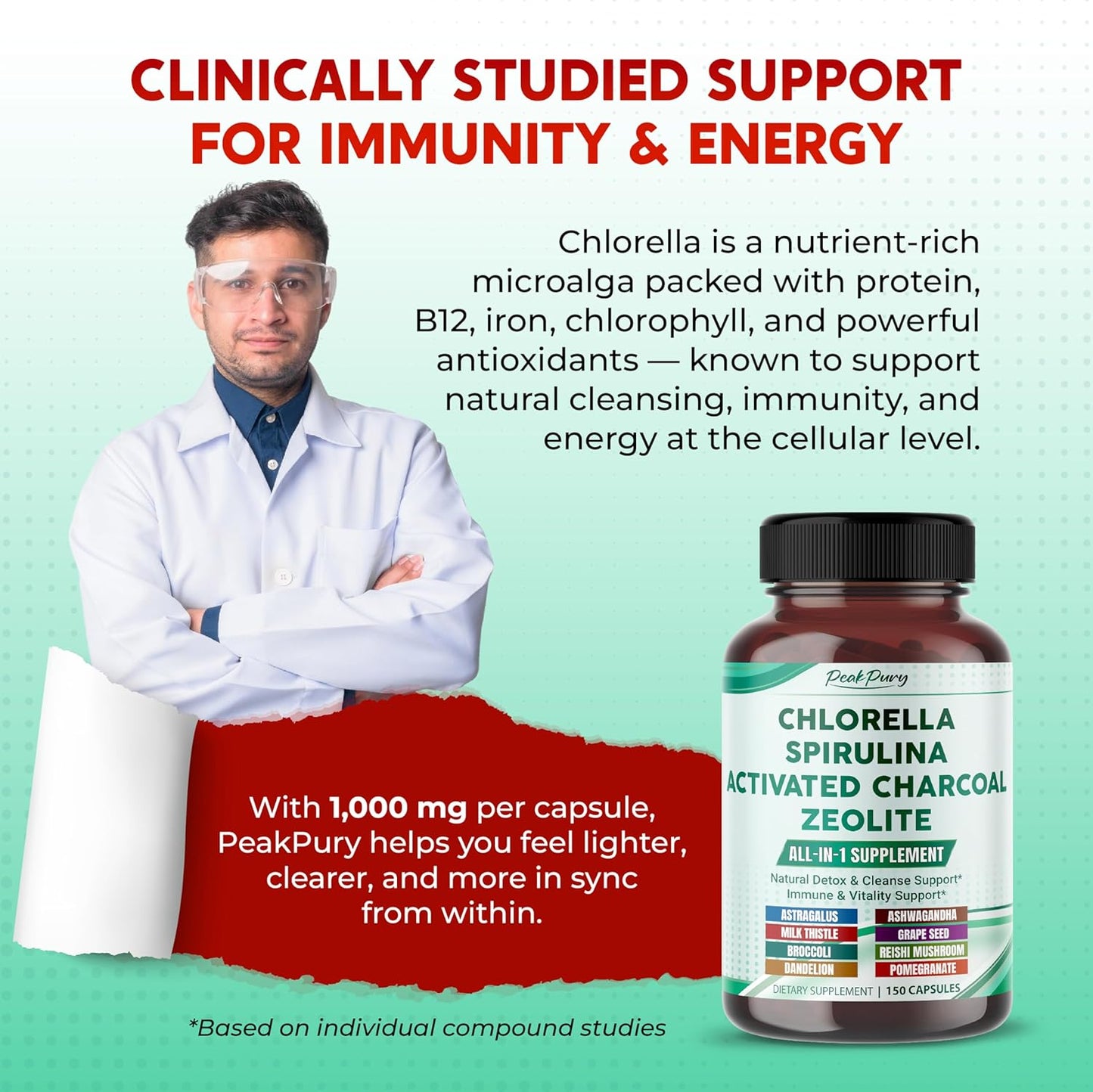 Ultra All-in-1 Chlorella, Spirulina, Activated Charcoal & Zeolite – Natural Detox, Immune & Vitality Support – Made in The USA – 150 Capsules