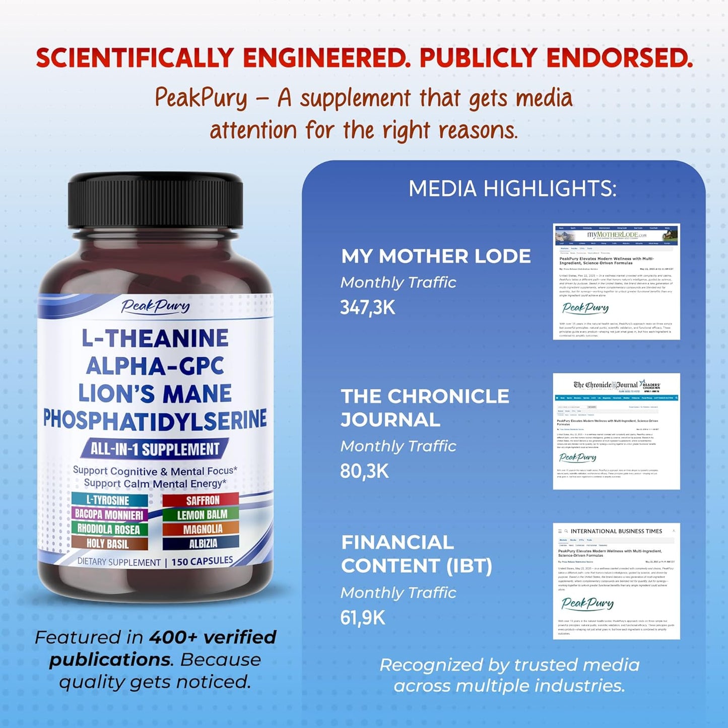 Premium L-Theanine, Alpha-GPC, Lion’s Mane & Phosphatidylserine – Cognitive & Mental Focus Support Supplement – Made in The USA – 150 Capsules