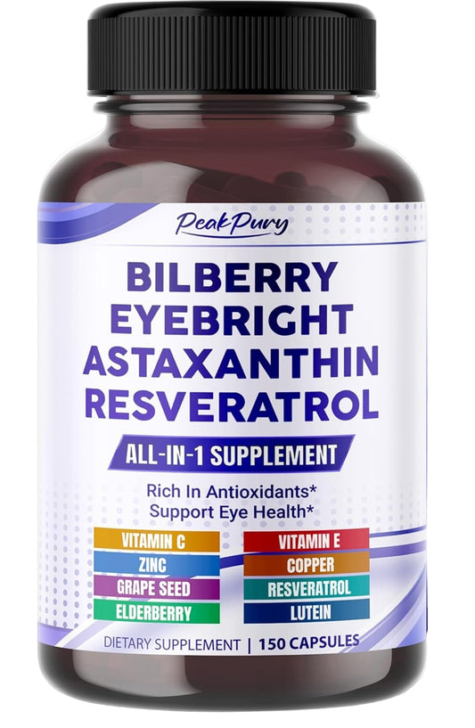 All-in-1 Bilberry Eyebright Astaxanthin Elderberry Resveratrol Supplement - Rich in Antioxidants & Supports Eye Health - Made in The USA -150 Capsules