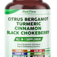 Supplement bottle labeled 'Citrus Bergamot Turmeric Cinnamon Black Chokeberry' with a white background