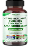 Supplement bottle labeled 'Citrus Bergamot Turmeric Cinnamon Black Chokeberry' with a white background
