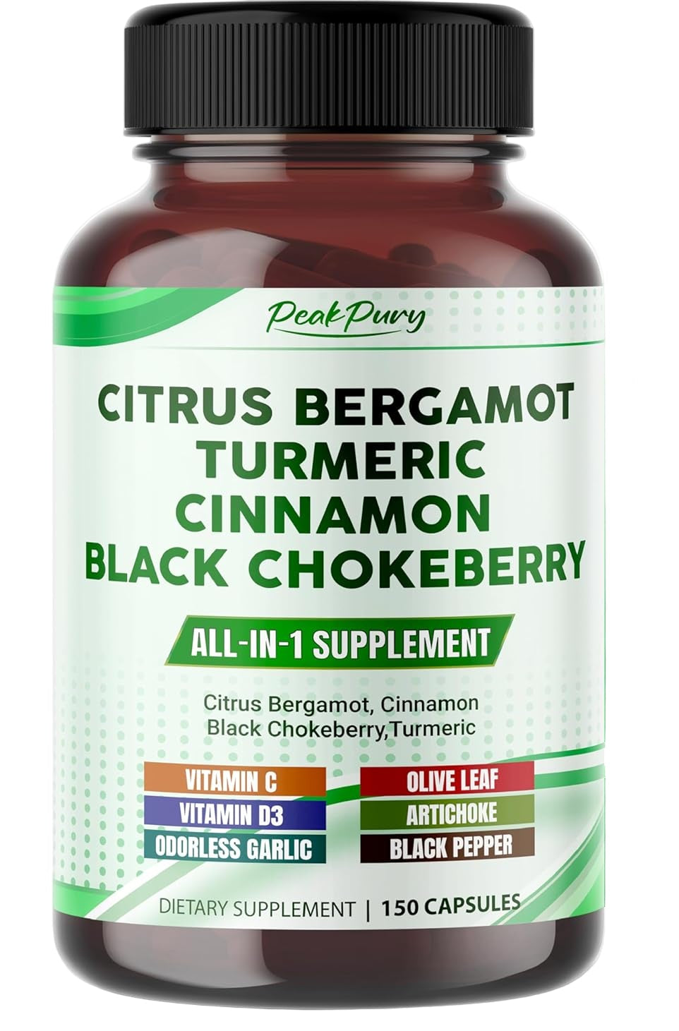 Supplement bottle labeled 'Citrus Bergamot Turmeric Cinnamon Black Chokeberry' with a white background