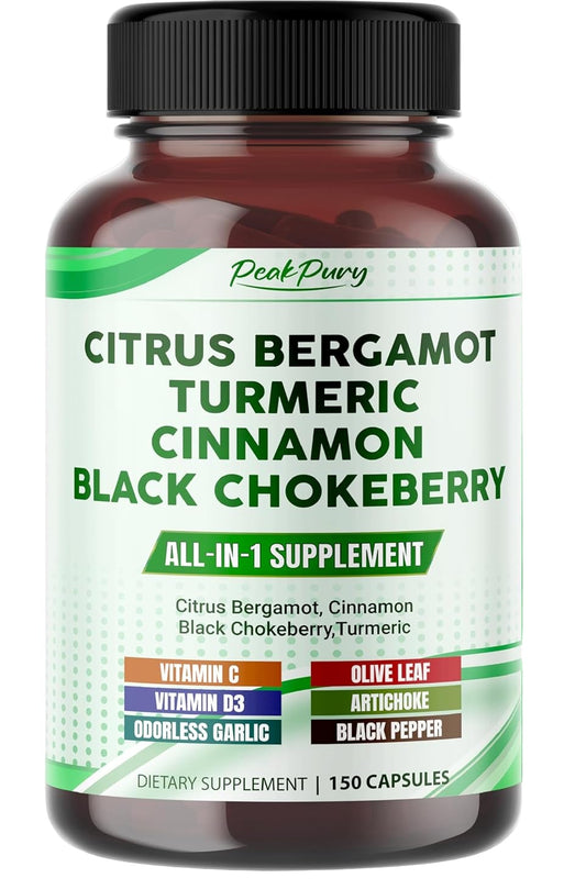 Supplement bottle labeled 'Citrus Bergamot Turmeric Cinnamon Black Chokeberry' with a white background