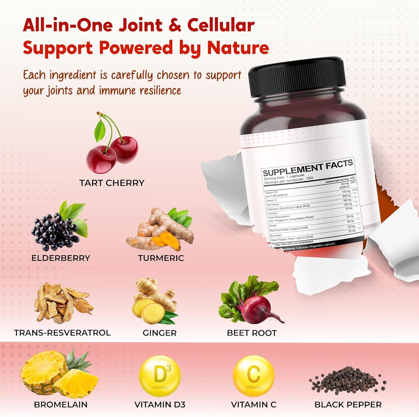Tart Cherry Elderberry Turmeric Resveratrol - Rich in Antioxidants, Support Joint Health - Made in The USA