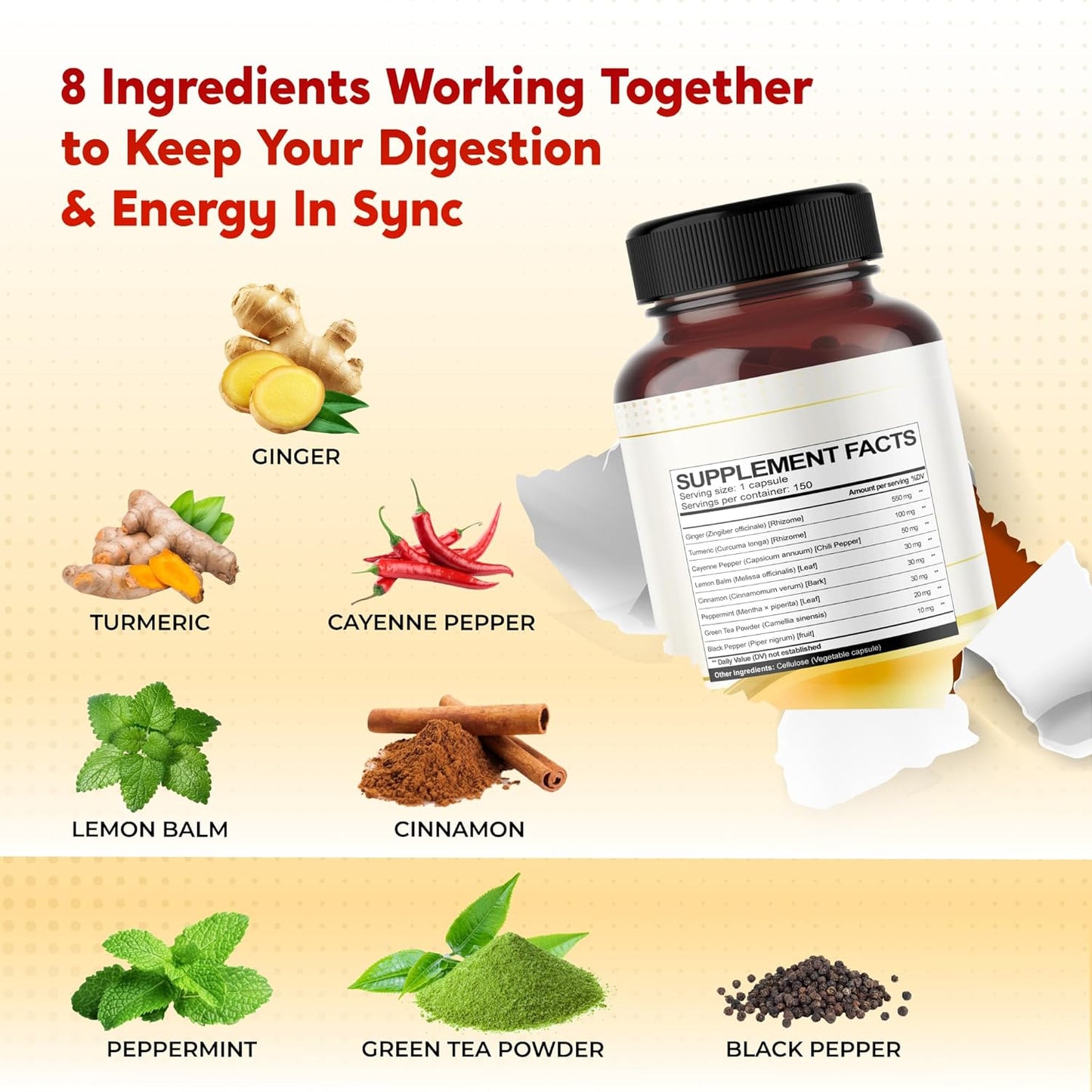 Ultra Ginger & Turmeric Aids Digestion & Supports Heart Health – Includes Cayenne Pepper, Lemon Balm, Cinnamon, Peppermint, Green Tea - Made in The USA- 150 Capsules