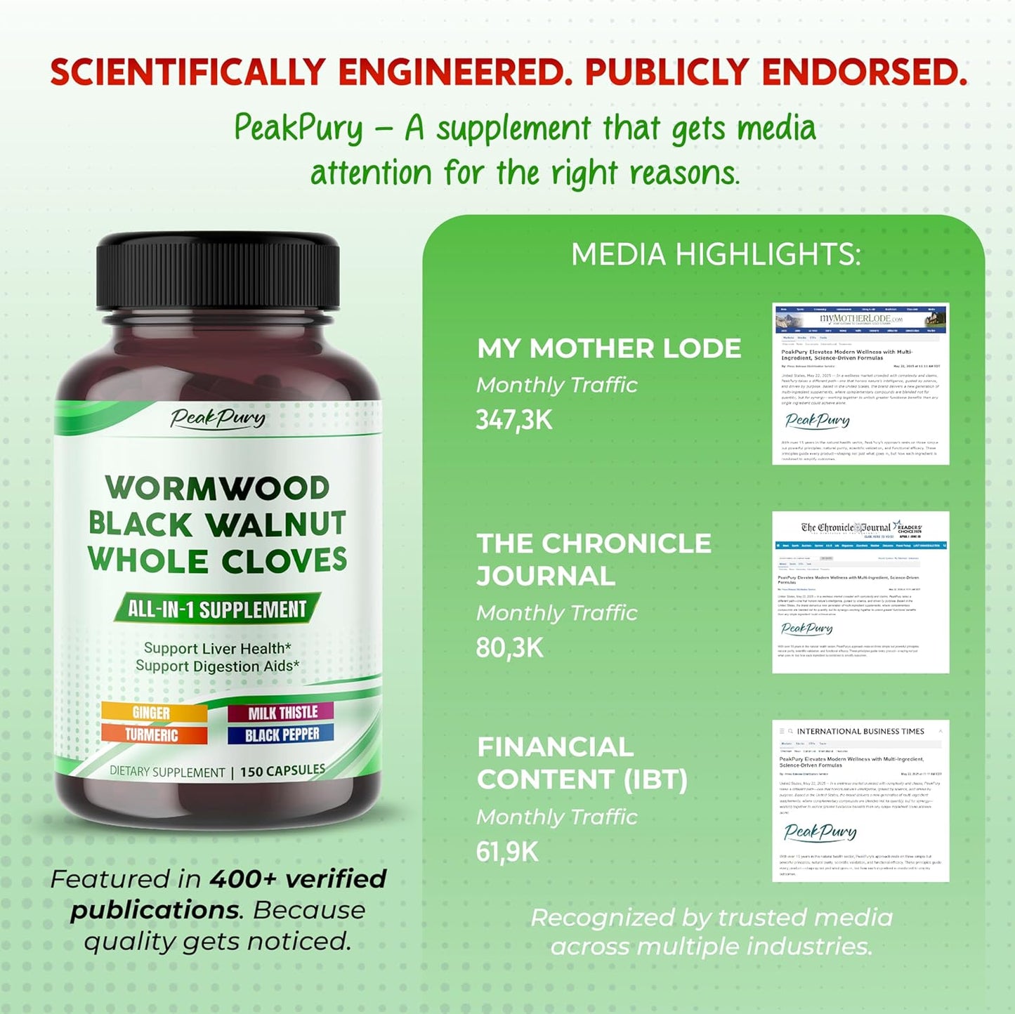 All-in-1 Wormwood Black Walnut Whole Cloves Ginger - Supports Liver Health & Aids Digestion - Made in The USA -150 Capsules
