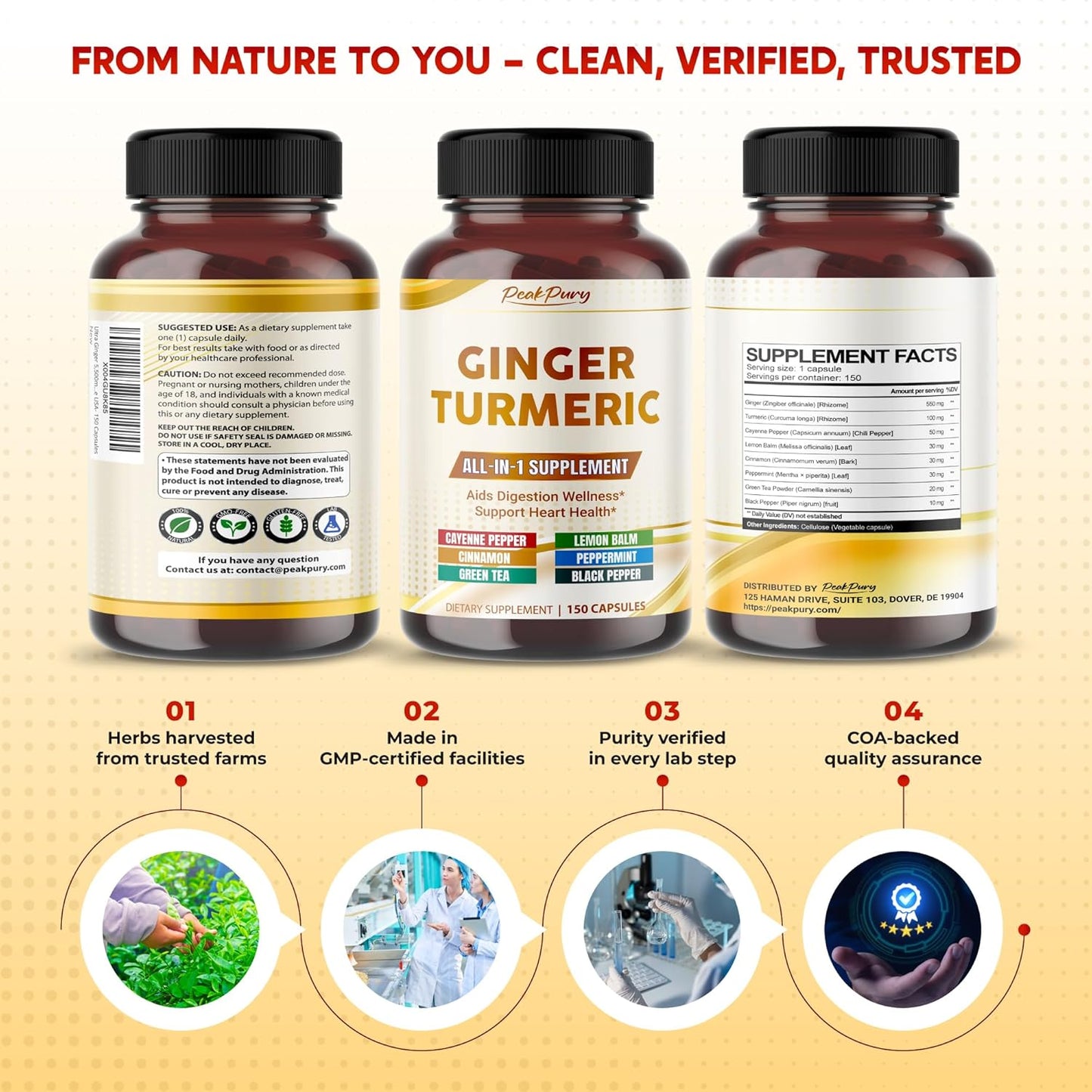 Ultra Ginger & Turmeric Aids Digestion & Supports Heart Health – Includes Cayenne Pepper, Lemon Balm, Cinnamon, Peppermint, Green Tea - Made in The USA- 150 Capsules