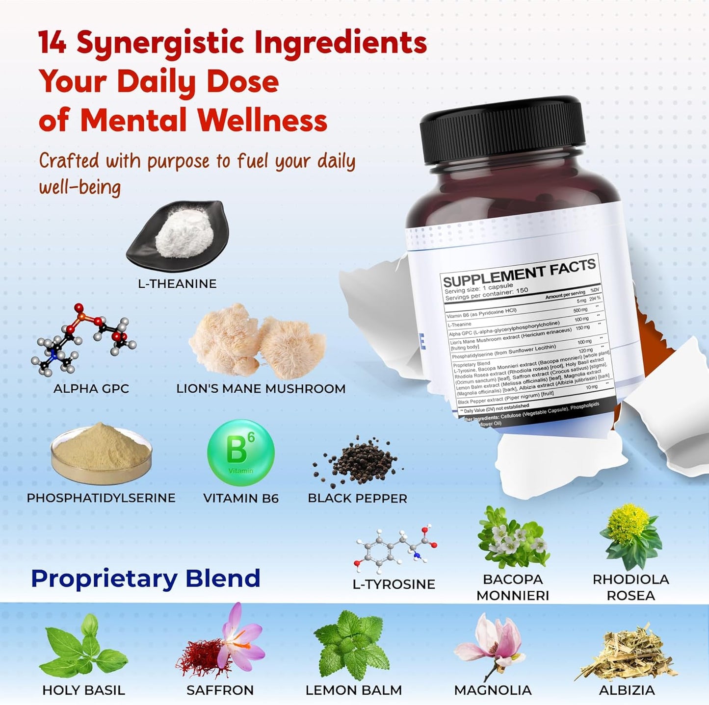 Premium L-Theanine, Alpha-GPC, Lion’s Mane & Phosphatidylserine – Cognitive & Mental Focus Support Supplement – Made in The USA – 150 Capsules