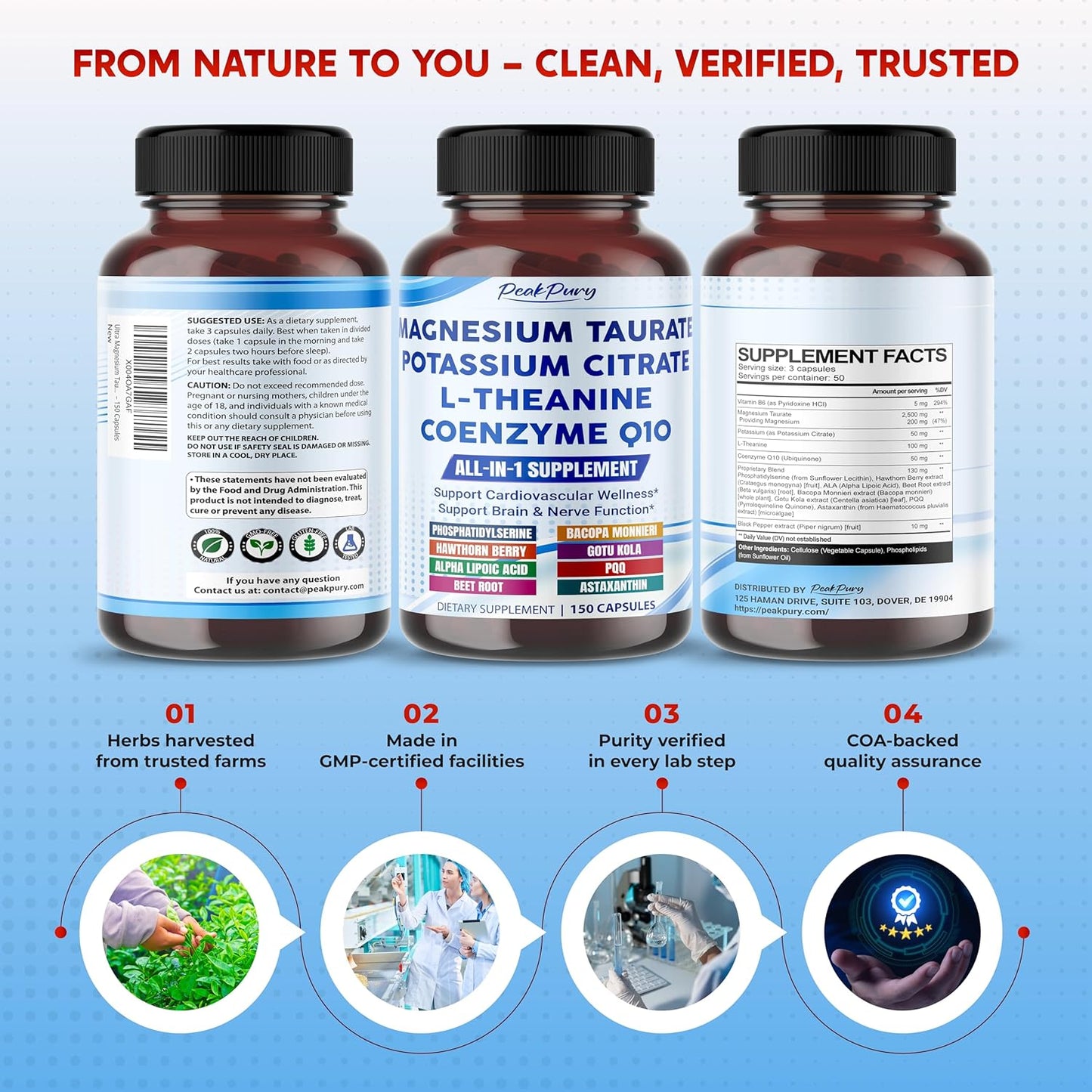 Ultra Magnesium Taurate, Potassium Citrate, L-Theanine & CoQ10 – All-in-1 Supplement for Heart, Brain & Nerve Support – Made in The USA – 150 Capsules