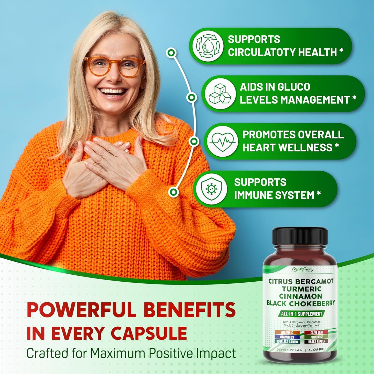 Citrus Bergamot Cinnamon Black Chokeberry Turmeric - Overall Wellness Support - Made in USA